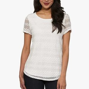 Leo & Nicole NWT White Lace Overlay Short Sleeve Top Size L Large